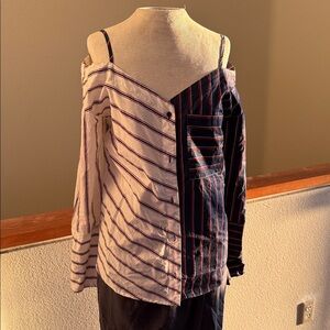 Mango Asymmetrical Striped Cold Shoulder Blouse - Black and White